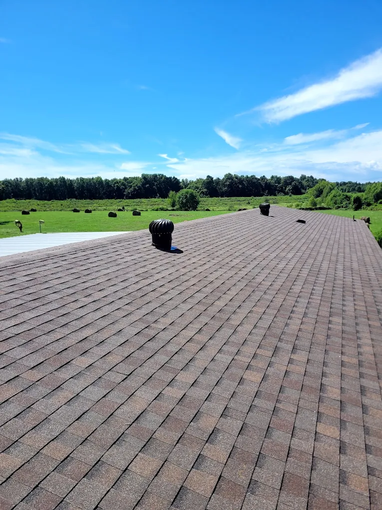Brown shingle roof with turbine vents